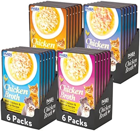  INABA Chicken Broth - Shredded Chicken And Seafood Flakes In Tasty Chicken Gravy - Side Dish Wet Treat For Cats - 4 Flavor Variety Pack (24 Pouches)