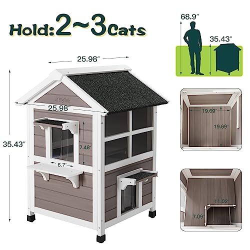  Bigrab Outdoor Large Cat House Weatherproof, Outside Feral Cat Shelter With Escape Door, Insulated Wooden Cat Condos With Window, (Two Storey Grey - For 2-3 Cats Or Small Animals)