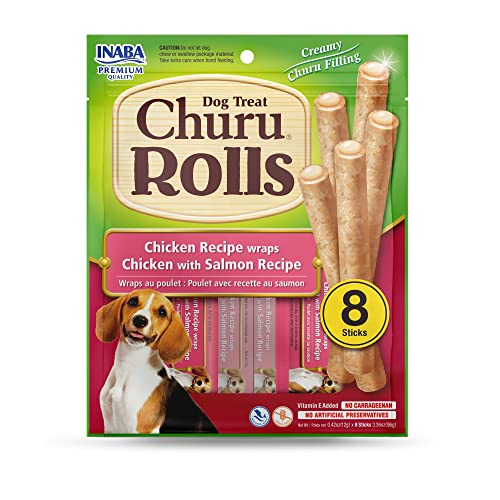  INABA Churu Rolls For Dogs, Grain-Free, Soft/Chewy Baked Chicken Wrapped Churu Filled Dog Treats, 0.42 Ounces Each Stick| 64 Stick Treats Total (8 Sticks Per Pack), Chicken With Salmon Recipe