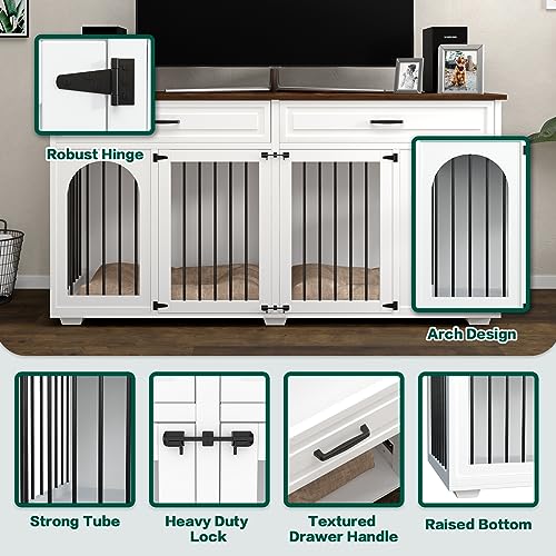  74.8" L*29.5" D*37.1" H Extra Large Dog Crate Furniture For 2 Dogs,Wooden Double Dog Crates Kennel Cage Furniture Style For Large Breed Dogs With Divider Drawers And Locks,White