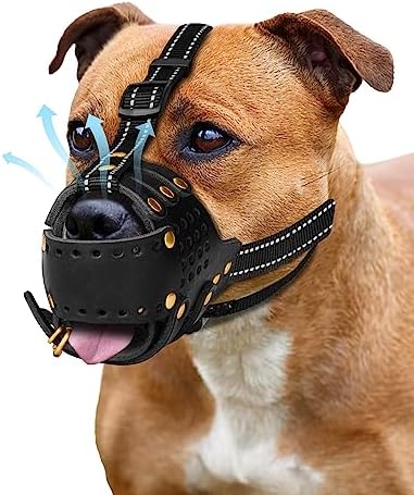  Dog Muzzle Leather, Pitbull Muzzle Amstaff Muzzles Staffordshire Terrier Secure Basket, Breathable And Adjustable Soft Muzzle For Medium Large Breeds Anti Biting Barking Chewing (Black, M)