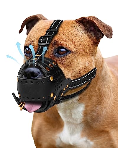  Dog Muzzle Leather, Pitbull Muzzle Amstaff Muzzles Staffordshire Terrier Secure Basket, Breathable And Adjustable Soft Muzzle For Medium Large Breeds Anti Biting Barking Chewing (Black, M)