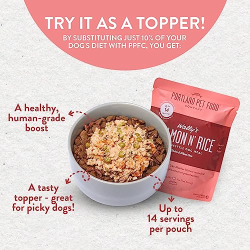  Crafted By Humans Loved By Dogs Portland Pet Food Company Human-Grade Dog Food Pouch — Mixer, Topper, And Rotational Meal (Wally's Salmon, 5 Pack)