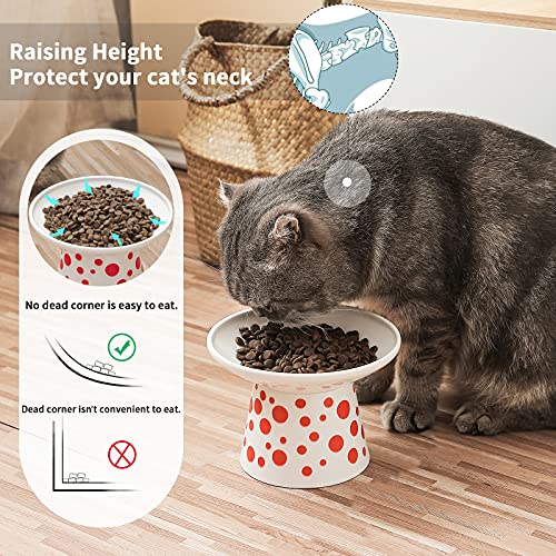  Extra Wide Ceramic Raised Cat Bowls, 6.25 Inch Elevated Food Dish, Shallow Cat Water Bowl Feeding, Prevent Whisker Fatigue Pet Bowl Of Cats, Elder Cats, Dogs, Set Of 2 - White With Red Dots