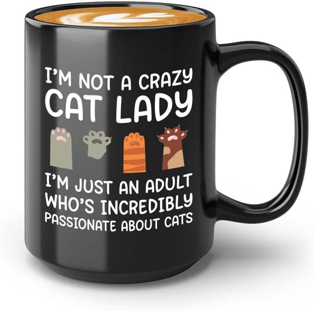  Flairy Land Cat Lady Coffee Mug 15oz Black - Passionate About Cats -Cat Paw Cat Parents Cat Mama Cat Lover Kitties Purr Feline Mom