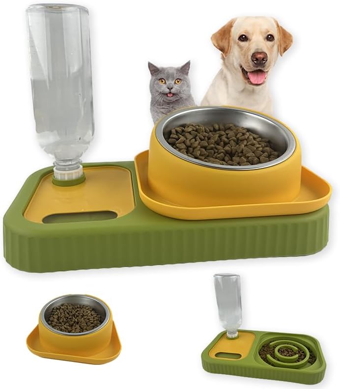  Cdycam Cat Dog Food And Water Bowl Set, Double Food Bowls With Automatic Gravity Water Bottle, Raised Slow Feeder, Detachable Stainless Steel Bowl, 15°Tilt Elevated No Spill Dispenser (Gray+White)