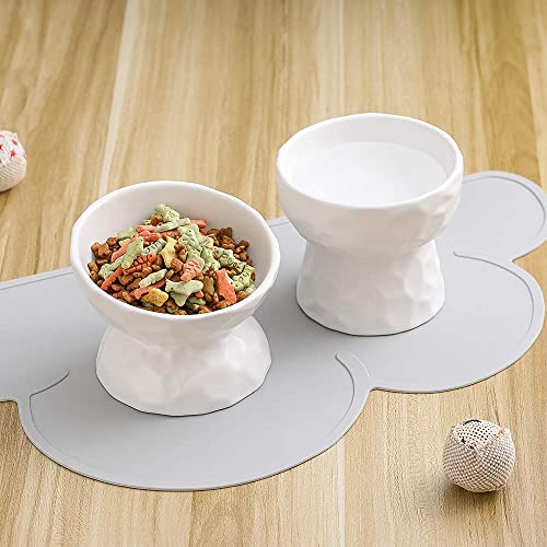  White Ceramic Cat Food And Water Bowl Set ,Cat Food Dish With Stand,Elevated Cat Bowls ,Raised Cat Food Bowls Anti Vomiting,Pet Bowl With Anti Slip Mat,Stress Free For Cats And Small Dogs
