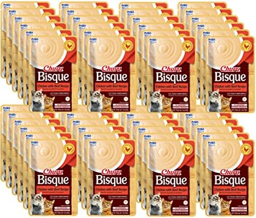  INABA Churu Bisque Lickable Treats For Cats, Creamy Purée Bisque With Vitamin E & Green Tea Extract, 1.4 Ounces Per Pouch, (48 Servings), Chicken With Beef Recipe