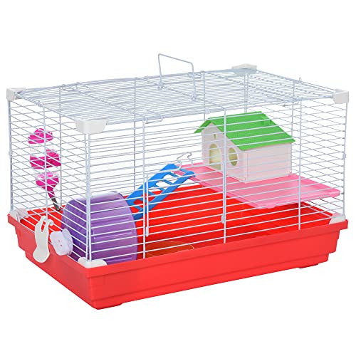 PawHut 18.5" Hamster Cage With Exercise Wheel And Water Bottle, Dish, Rat House And Habitat 2-Story Design, Red
