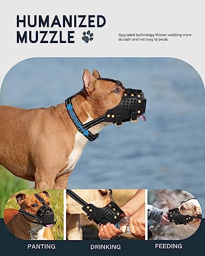  Dog Muzzle Leather, Pitbull Muzzle Amstaff Muzzles Staffordshire Terrier Secure Basket, Breathable And Adjustable Soft Muzzle For Medium Large Breeds Anti Biting Barking Chewing (Black, M)