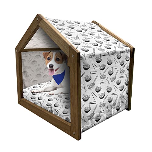  Lunarable Food Wooden Pet House, Monochrome Traditional Cuisine Noodle Dish In Bowl With Chopsticks, Outdoor & Indoor Portable Dog Kennel With Pillow And Cover, Small, Charcoal Grey And White