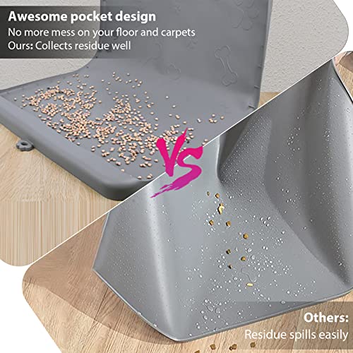  Dog Food Mat - Dog Feeding Mats For Food And Water - 36" X 24" Extra Large Cat Dog Bowl Mat With Pocket For Catches Spill And Residue - Silicone Non Slip Pet Mat With 0.75" High Edges Anti-bite