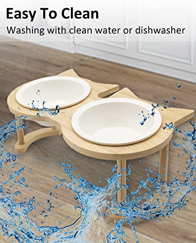  BNOSDM Elevated Ceramic Cat Bowls For Foods Water Raised Kitty Dishes Wooden Stand Tilted Set Weighted Pet Food Dish Orthopedic Anti Vomiting Pet Feeder For Small Cats Puppy