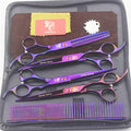  Purple Pet Cat Dog Grooming Scissors Set 5 Pieces Stainless Steel Professional Pet Trimmer Kit - 7.0 Inch Straight Cutting Scissors, Thinning Shears, Curved Scissors, Grooming Combs