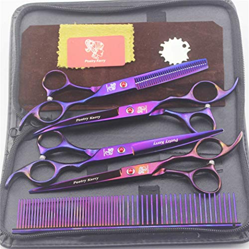  Purple Pet Cat Dog Grooming Scissors Set 5 Pieces Stainless Steel Professional Pet Trimmer Kit - 7.0 Inch Straight Cutting Scissors, Thinning Shears, Curved Scissors, Grooming Combs