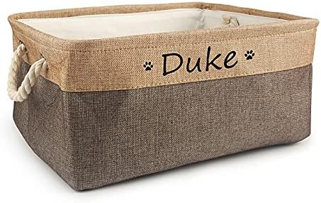  Xingfa Personalized Dog Toy Basket With Name,Custom Dog Toy Basket,Paw Prints Pet Food Storage Container,Dog Toy Box For Small Dogs,New Puppy Supplies (Beige,L 41X32X21cm)