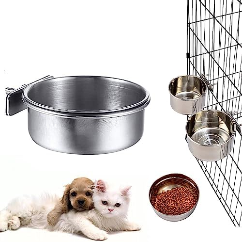  Dog Food Water Bowl For Cage, Stainless Steel Coop Cups With Clamp Holder - Non-Spill Detached Dog Cat Cage Kennel Hanging Bowl, Metal Food Water Feeder For Dog Cats Ferret Rabbit And Small Animals