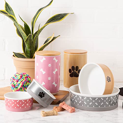  Bone Dry Ceramic Pet Bowls, Microwave & Dishwasher Safe Non-Slip Bottom For Secure Feeding With Less Mess, Small Bowl Set, 4.25x2, Gray/Black, 2 Count