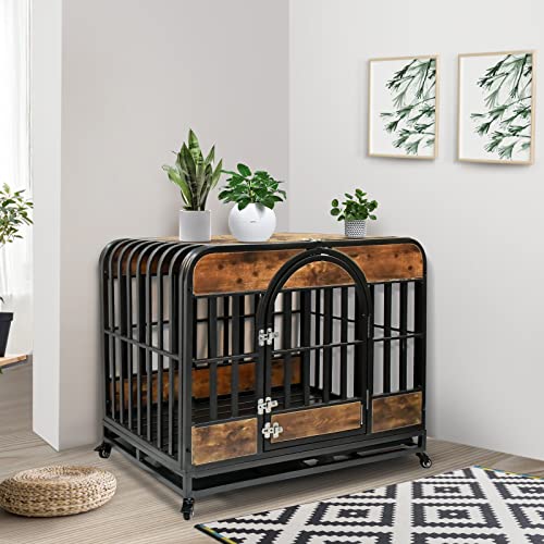  46 Inch Heavy Duty Dog Crate Furniture, Dog Crates For Large Dogs With Lockable Wheels, Metal Cage, Wood Kennel Crate Dog Playpen With Removable Tray