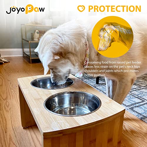  Elevated Dog Bowls, Bamboo Raised Dog Bowl For Large Dogs & Medium Dogs With 2 Stainless Steel Bowls (10'' Tall–48 Oz Bowl)