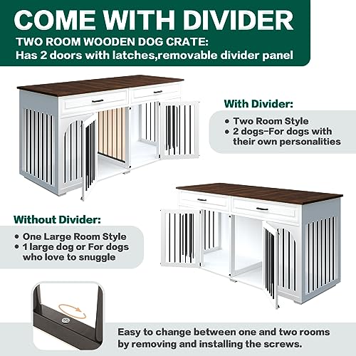  74.8" L*29.5" D*37.1" H Extra Large Dog Crate Furniture For 2 Dogs,Wooden Double Dog Crates Kennel Cage Furniture Style For Large Breed Dogs With Divider Drawers And Locks,White