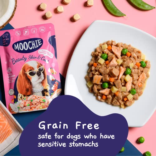  MOOCHIE Wet Salmon Dog Food - Skin And Coat - Grain Free Wet Dog Food - Made With Salmon, Vegetables, Coconut Oil - No Added Preservatives Or Artifical Flavoring - For Small Breeds - 12 X 85g Pouch