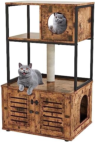  AWQM Large Cat Litter Box Enclosure,3 Level Cat Tree Tower With Elevated Cat Feeding Bowl,Scratching Posts,Hidden Cat Washroom,Kitty Condo,All-in-One Wood Pet Cat House/Cabinet Funiture,Rustic Brown