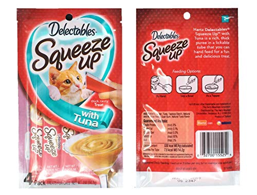  Delectables Squeeze Up Hartz Cat Treats Bundle Of 4 Flavor Pouches, 2.0 Oz Each (Tuna)