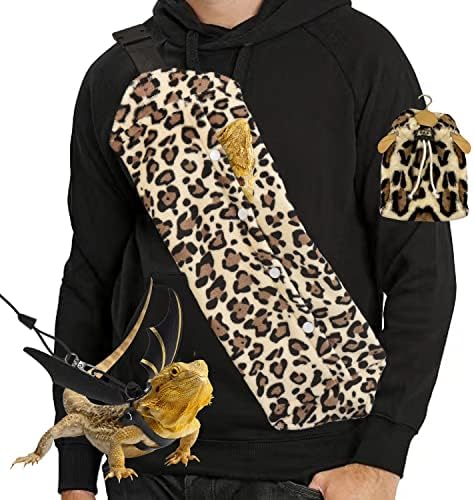  Bearded Dragon Leash & Leopard Pattern Carrier, Lizard Adjustable Harness With Leather Wings And Sling Bag, With Beardie's Leopard Pattern Coat, Reptile Small Pet Batwing Accessories For Outdoor