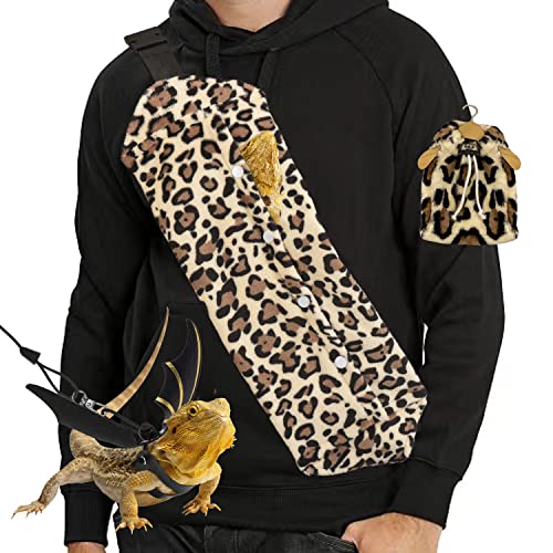  Bearded Dragon Leash & Leopard Pattern Carrier, Lizard Adjustable Harness With Leather Wings And Sling Bag, With Beardie's Leopard Pattern Coat, Reptile Small Pet Batwing Accessories For Outdoor