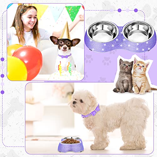  Gerrii 2 Pcs Pink Dog Cat Bowls And Small Puppy Collar Set For Cat And Dog, Pink Bling Cat Collars Rhinestones Stainless Steel Puppy Bowls Adjustable Bling Dog Collar (Light Purple, XS)