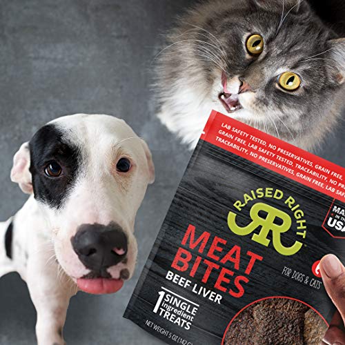  Raised Right Beef Meat Bites, Single Ingredient Liver Treats For Dogs & Cats - 5 Oz. Bag