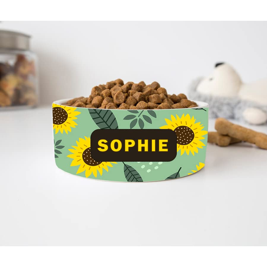 GENERIC Personalized Sunflowers Pet Food Bowl, Dog Name Bowl, Cat Name Bowl, Gift For Pets, Ceramic Pet Bowl, Available In 2 Sizes