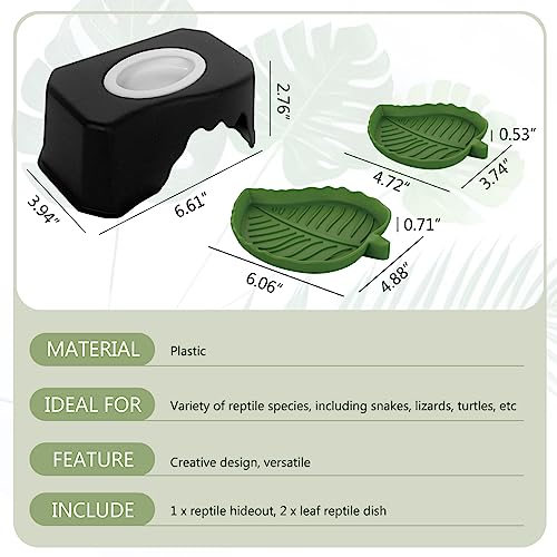  WAYUTO Reptile Hideout With Removable Sink Basin Reptile Hide Cave And 2pcs Leaf Reptile Food Dishes Water Bowl Reptile Feeding Plate For Lizards Geckos Snakes Turtles