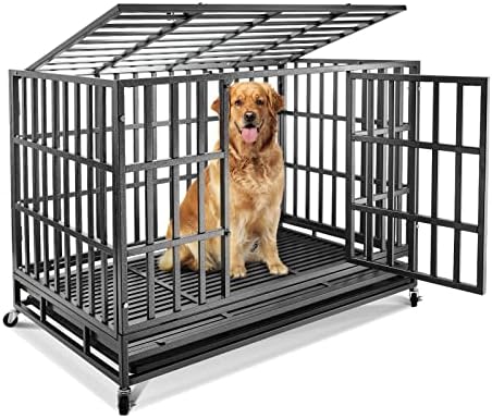  Confote 47 Inch Heavy Duty Dog Crate Metal Cage Kennel, High Anxiety Pet Cage With Lockable Wheels & Double Doors For Medium Large Dogs