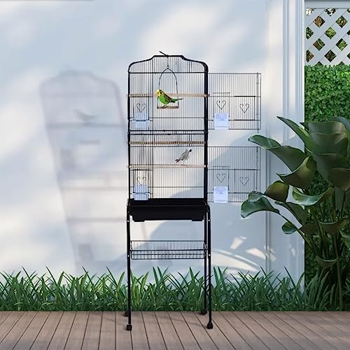  ACQUIRE 63" Metal Indoor Birdcage Starter Kit With Removable Rolling Stand, Storage Basket And Accessories Black Birdcage