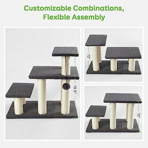  Pawque Dog Stairs & Cat Scratching Post Pet Steps For High Beds Couch, High-Strength Boards Holds Up To 150 Lbs For Indoor Small Cats Kittens Dogs Climbing Playing, 3 Combination Options, 3 Steps-Grey