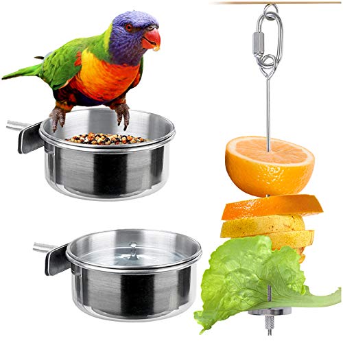  Kalevel 2pcs Bird Feeder Bowl Feeding Coop Cup Stainless Steel Parrot Cage Food Water Dish With Bird Fruit Holder Veggie Skewer