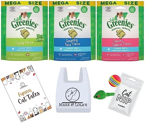  Feline Greenies Dental Crunchy Treats For Cats Mega Size Variety Bundle Pack With Funny Cat Tales, Cat Toys, And Mini Catnip (Catnip, Tempting Tuna, Savory Salmon)