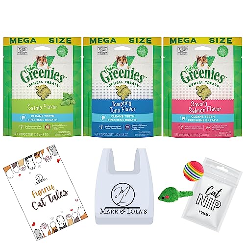  Feline Greenies Dental Crunchy Treats For Cats Mega Size Variety Bundle Pack With Funny Cat Tales, Cat Toys, And Mini Catnip (Catnip, Tempting Tuna, Savory Salmon)