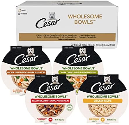  CESAR WHOLESOME BOWLS Adult Soft Wet Dog Food Toppers Variety Pack, Chicken, Carrots, Barley & Green Beans Recipe And Beef, Chicken, Purple Potatoes & Carrots Recipe, (6) 3 Oz. Bowls