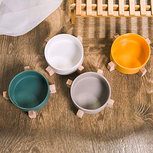  Pet Bowl Ceramics Food Feeding Bowl Pet Feeder Wood Frame Round Bowl Pet Supplies (Grey, Shelf+ Bowl)