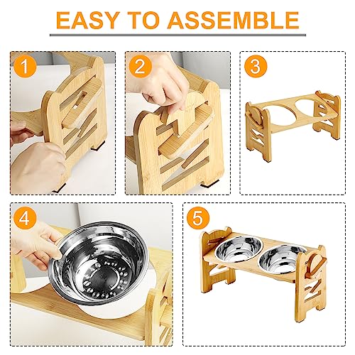  2 Pack Elevated Dog Cat Bowls, 6 Adjustable Heights Raised Dog Bowl For Small Dogs And Cats, 15° Tilted Bamboo Stand Pet Feeder, Dog Food Feeding Dishes Water Bowl With 2 Stainless Steel Bowls