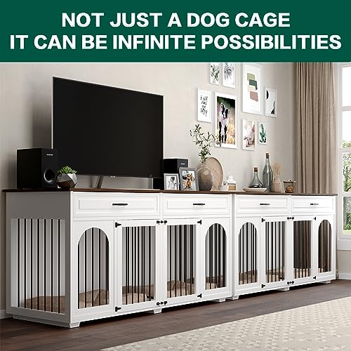  74.8" L*29.5" D*37.1" H Extra Large Dog Crate Furniture For 2 Dogs,Wooden Double Dog Crates Kennel Cage Furniture Style For Large Breed Dogs With Divider Drawers And Locks,White