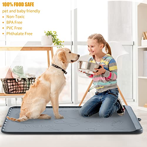  Dog Food Mat - Dog Feeding Mats For Food And Water - 36" X 24" Extra Large Cat Dog Bowl Mat With Pocket For Catches Spill And Residue - Silicone Non Slip Pet Mat With 0.75" High Edges Anti-bite