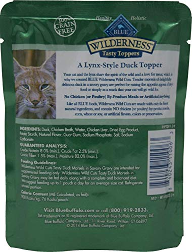  Blue Buffalo Wilderness Wild Cuts Grain Free Tasty Toppers Cat 2 Flavor 8 Pouch Variety - (4) Each: Chicken, Duck (3 Ounces) - Plus 2 Catnip Toys And Fun Facts Booklet Bundle