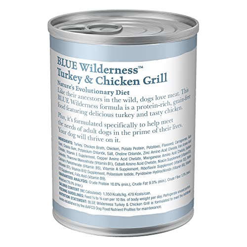  Blue Buffalo Wilderness High Protein, Natural Adult Wet Dog Food, Turkey & Chicken Grill 12.5-oz Cans (Pack Of 12)
