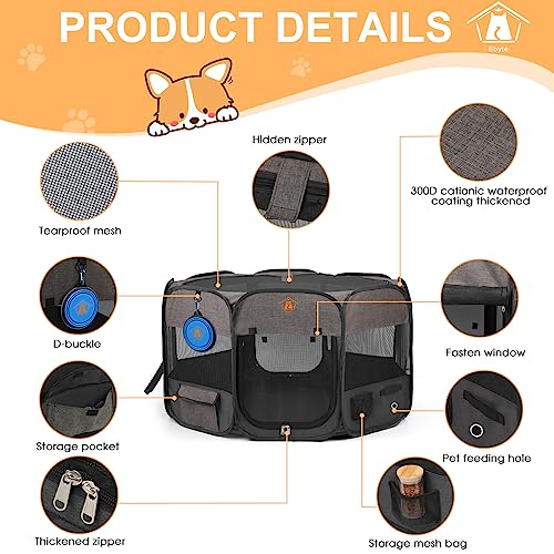  Ebyte Portable Foldable Pet Playpen/Dog Playpen For Small Dogs/Dog Enclosure/Cat Play Pen For Indoors Or Outdoor/Kennel/Tent/Free Travel Bowl+Carrying Case/with Removable Shade Cover (Brown)