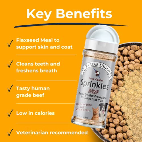  Tartar Shield Dental Sprinkles | Dog & Cat Food Topper Additive | Fights Tartar Plaque & Bad Breath Cleans Teeth & Gums | Pet Oral Health Support | USA Made | Low Calorie Human-Grade Beef