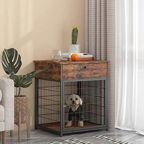  Furnished Wooden Dog Crate End Table, Small Dog Crate Furniture, Storage Console With Pull-Out Drawer, Furnished Dog Cage (Rustic Brownn, 19.69" W X 22.83" D X 26.97" H)